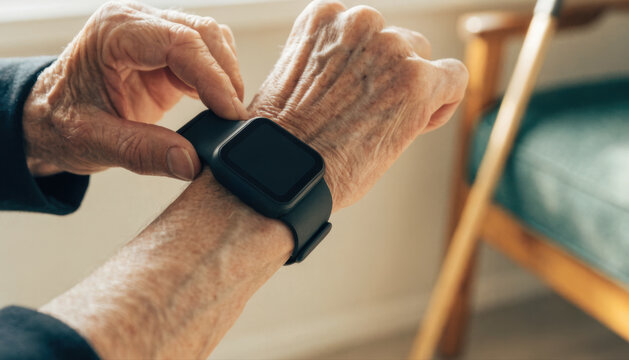 Senior hand smartwatch elderly wrist device aging skin closeup health technology modern wearable wooden cane home interior monitoring concept lifestyle independence