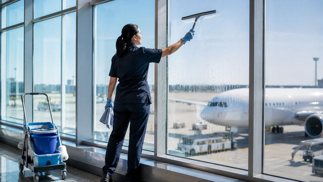 Female cleaner washing airport terminal windows with squeegee and cleaning equipment