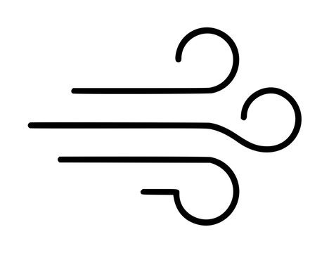 Minimalist hand-drawn wind vector icon featuring flowing horizontal lines with elegant spiral curls representing gentle air currents and breezy motion in clean black line art style design