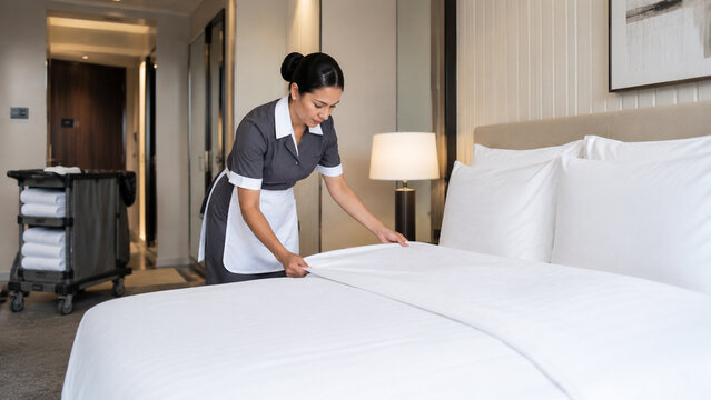 Hotel housekeeper making bed with fresh linen in modern guest room