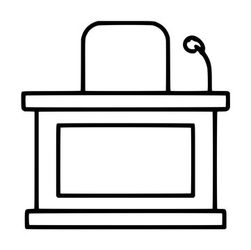 Hand-drawn black outline vector icon illustration of a classic wooden courtroom witness stand featuring a mounted gooseneck microphone, paneled front base, and elevated testimony platform
