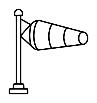 Hand-drawn vector illustration of a striped wind sock mounted on a vertical pole with a sturdy base, depicting meteorological equipment used to measure wind direction and speed in aviation settings.