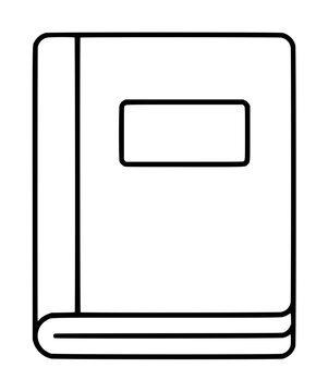 Minimalist black and white vector icon of a closed workbook or textbook with a label on the cover, perfect for educational projects, school supplies illustration, and academic study design elements.