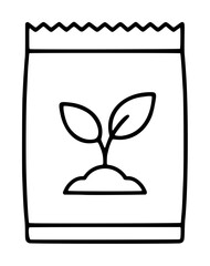 Naklejka premium Hand-traced black line vector icon illustration of a paper seed packet featuring a sprouting seedling with two leaves emerging from a small mound of soil, minimalist gardening outline design