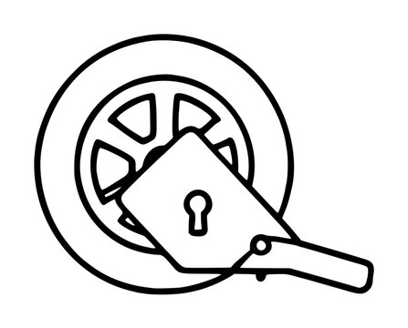 Hand-drawn black line vector icon depicting a mechanical wheel clamp device with padlock overlay, circular rim design, simple monochrome outline illustration, security and immobilization concept