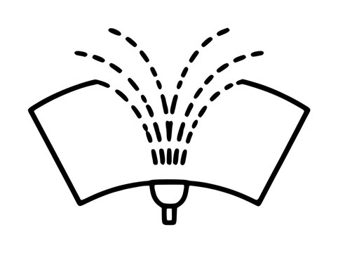Hand-traced black vector icon of a windshield washer nozzle spraying dashed water streams onto a curved glass surface for automotive cleaning illustration