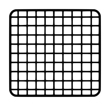 Black wire gauze square grid vector icon illustration depicting a hand drawn mesh panel with rounded corners and uniform rectangular cells, isolated on white background, perfect for industrial and