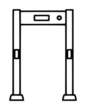 Hand-drawn vector icon illustration of a walk-through metal detector security archway featuring top control panel with display and indicator light, two upright posts with stable rectangular bases