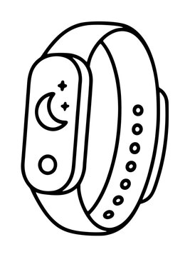 Hand-drawn vector icon of a sleek smartwatch displaying a crescent moon and stars on its screen, symbolizing sleep tracking and nocturnal wellness monitoring features for health-conscious users
