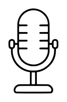 Black and white hand-traced vector line icon of a retro studio microphone with rounded grille stand base for podcasting broadcasting audio recording graphic illustration design