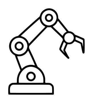 Hand traced vector icon of an industrial robotic arm with articulated joints and claw gripper, minimalist black outline illustration for technology themes
