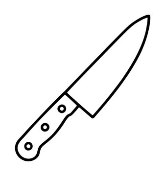 Hand drawn black and white kitchen chef knife vector icon illustration with riveted wooden handle outline sketch isolated on white background for culinary design