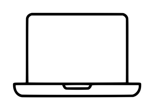 Minimalist hand-traced black laptop vector icon illustration, clean outline design depicting an open notebook computer with blank screen, simple tech graphic resource, isolated white background