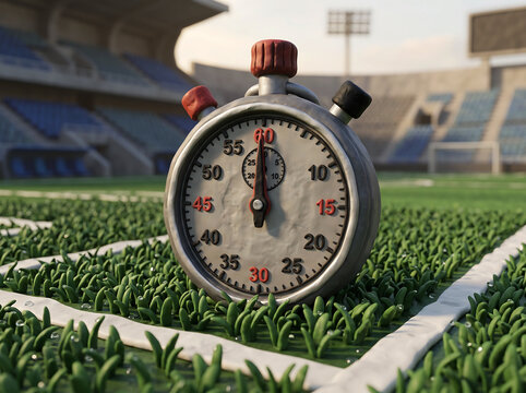 Clay style stopwatch sitting on green grass field of sports stadium under daylight with grandstands.