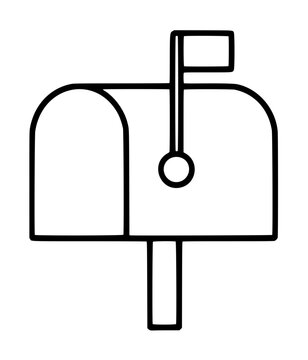 Hand-drawn black outline vector illustration of a classic American curbside mailbox with raised red signal flag, rounded dome roof, and sturdy post, perfect for postal and communication themed designs