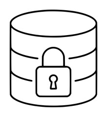 Hand traced vector icon illustration of a cylindrical encrypted database storage disk with padlock symbol showing data security protection outline style for technology graphics © Abu