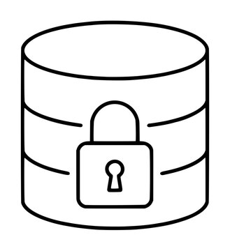 Hand traced vector icon illustration of a cylindrical encrypted database storage disk with padlock symbol showing data security protection outline style for technology graphics
