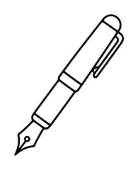 Fototapeta premium Hand-drawn outline vector icon of a classic fountain pen with nib and pocket clip, elegant monochrome line art illustration for stationery and writing concepts
