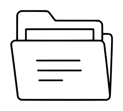 Minimalist hand-drawn line art vector icon of a stacked case file folder with documents and horizontal text lines, monochrome outline illustration for office and archive design use