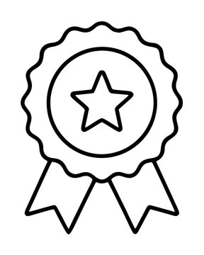 Achievement award vector icon featuring a scalloped badge with a central star and hanging ribbons. This minimalist line art illustration represents success, quality, and excellence for web design.
