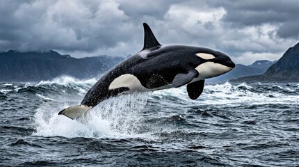 Obraz premium Orca Breaches Choppy Ocean Ocean