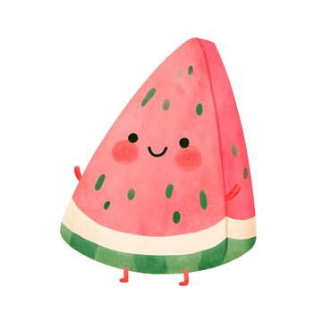 Cute kawaii baby watermelon clip art, tiny chubby watermelon slice character with sweet smiling face, rosy cheeks, tiny arms and legs.