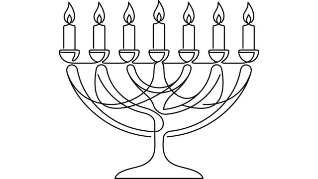 Continuous one line drawing of a Jewish menorah with seven candles.