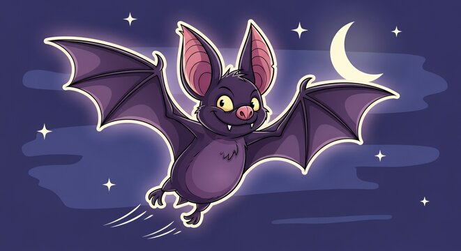 Cute Cartoon Bat Flying at Night with Moon and Stars.