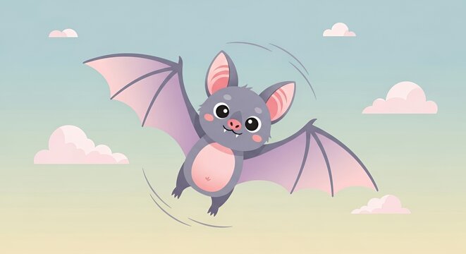Cute Cartoon Bat Flying in the Sky with Clouds.