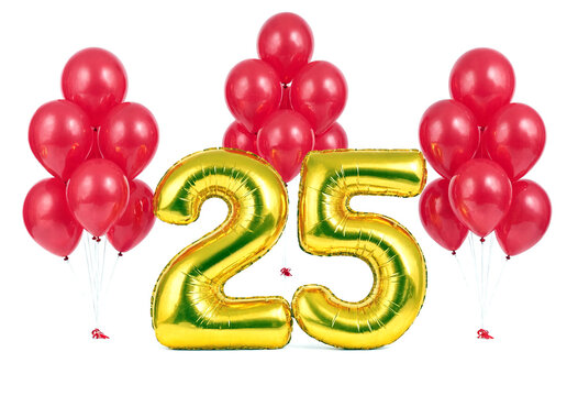 Golden foil balloon numbers with red balloons for celebration party or anniversary event decoration