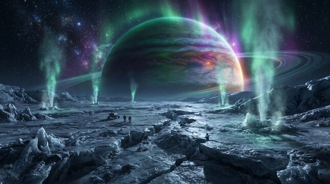 Astronauts exploring icy surface of alien moon with giant ringed gas planet glowing aurora and geysers in space