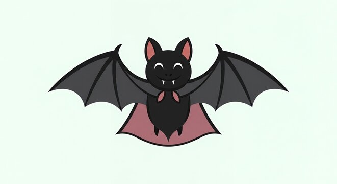 Cute Cartoon Bat Flying with Open Wings and Fangs.
