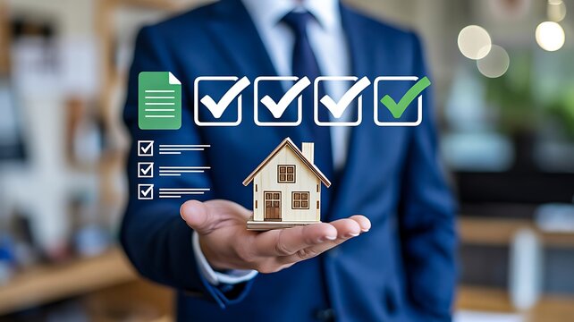 Real estate professional holding house model with property inspection checklist