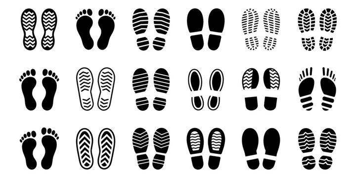 black footprint and shoe print icons on white background silhouette vector illustration