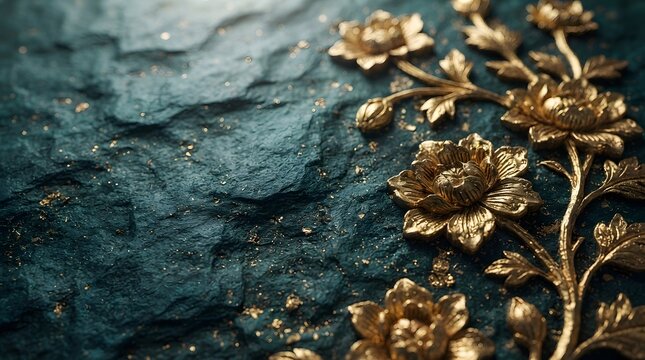 Golden floral relief carvings on a textured dark teal stone background with gold leaf accents