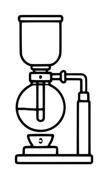 Hand-drawn vector illustration icon of a classic vacuum coffee siphon brewer, featuring twin glass globes, curved tube, and base burner, ideal for cafe menus and beverage branding