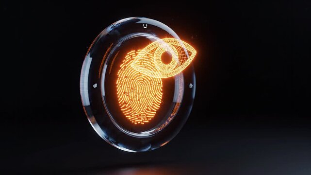 Digital Biometric Security Concept with Glowing Fingerprint and Eye Icon inside a Glass Ring on Dark Background