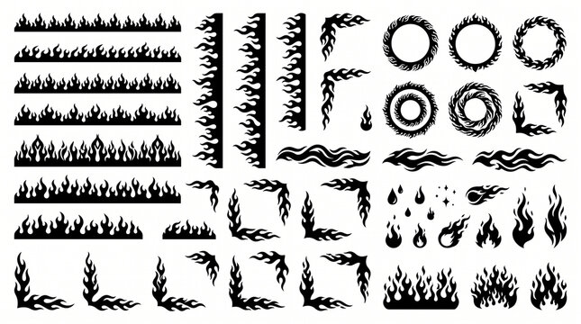Flame Silhouette in classic style. Black fire and flame silhouette shapes in varied styles. Old school tattoo style or silhouette flame for cars. Minimal stylish fire silhouette. Vector graphic set.