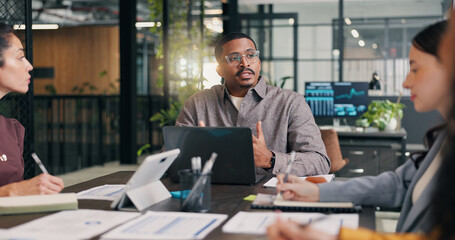 Fototapeta premium Boardroom, discussion and businessman with tablet, teamwork or risk management with info on website. Business people, talking and collaboration with tech, data analysis and meeting with paperwork