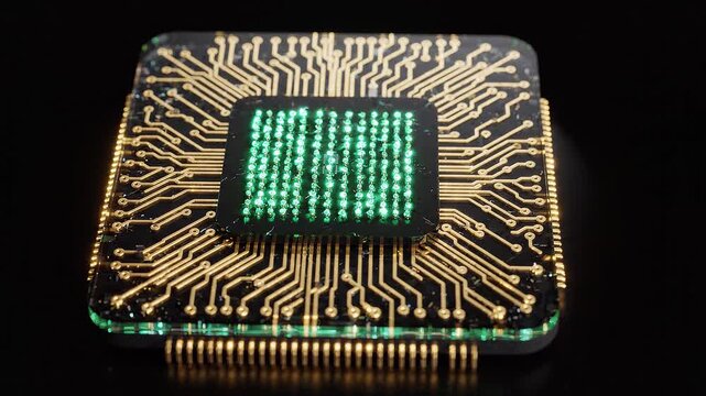 Macro View of a Central Processing Unit Processor Chip with Glowing Green Digital Binary Code Data Processing Stream