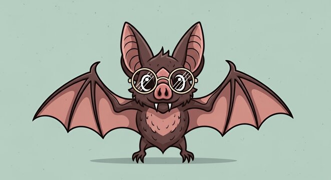 Cute Cartoon Bat Wearing Glasses Flying Adorable Character.