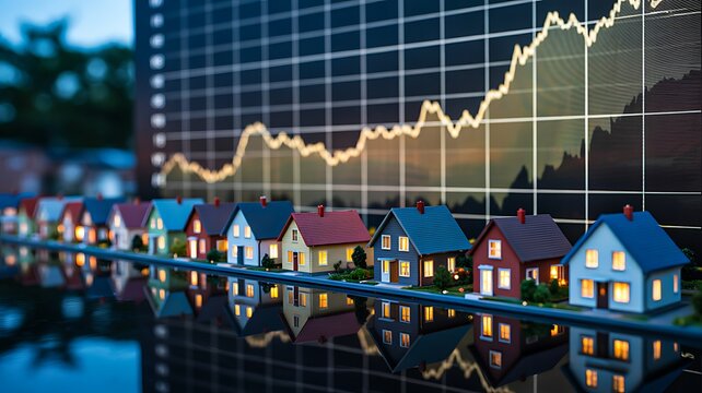 Housing market growth concept with colorful homes and rising property values