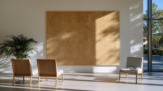 Blank caramel brown wall panel in a modern office lobby with soft light, lounge chairs, and copy space for a corporate mockup template