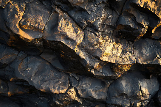 Closeup of a rough textured rock surface with dramatic lighting.