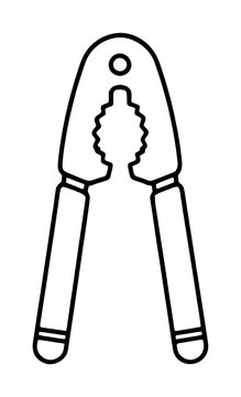 Hand-traced black outline vector illustration of a nutcracker with long handles, hinged jaws, and a central Christmas tree-shaped opening