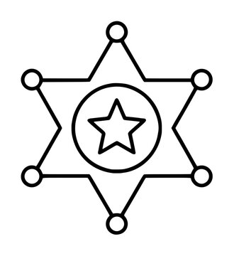 Hand traced outline vector icon illustration of a sheriff or bailiff badge featuring a six point star with circular nodes on each tip surrounding a centered round medallion with an inner star, retro