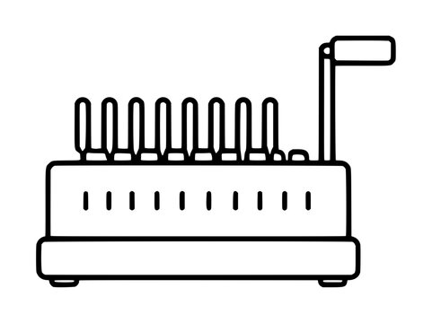 Hand traced black outline vector icon illustration of a manual binding machine with comb binding elements and side handle for office document finishing and report assembly