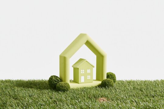 Mint green house outline enclosing a small brown model home on a mown lawn, featuring a fresh and minimal aesthetic with copy space for real estate campaigns