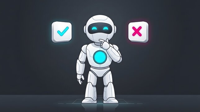 3D Cute Robot Making Decision Between Checkmark and Cross Sign