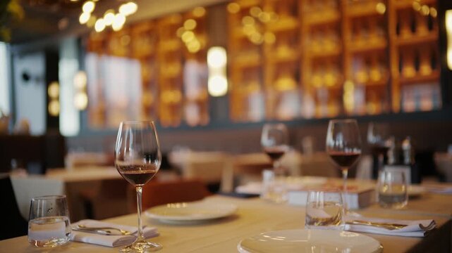 A cinematic video of an empty fine dining restaurant table with elegant place settings and wine glasses, ready for guests, creating an inviting ambiance.